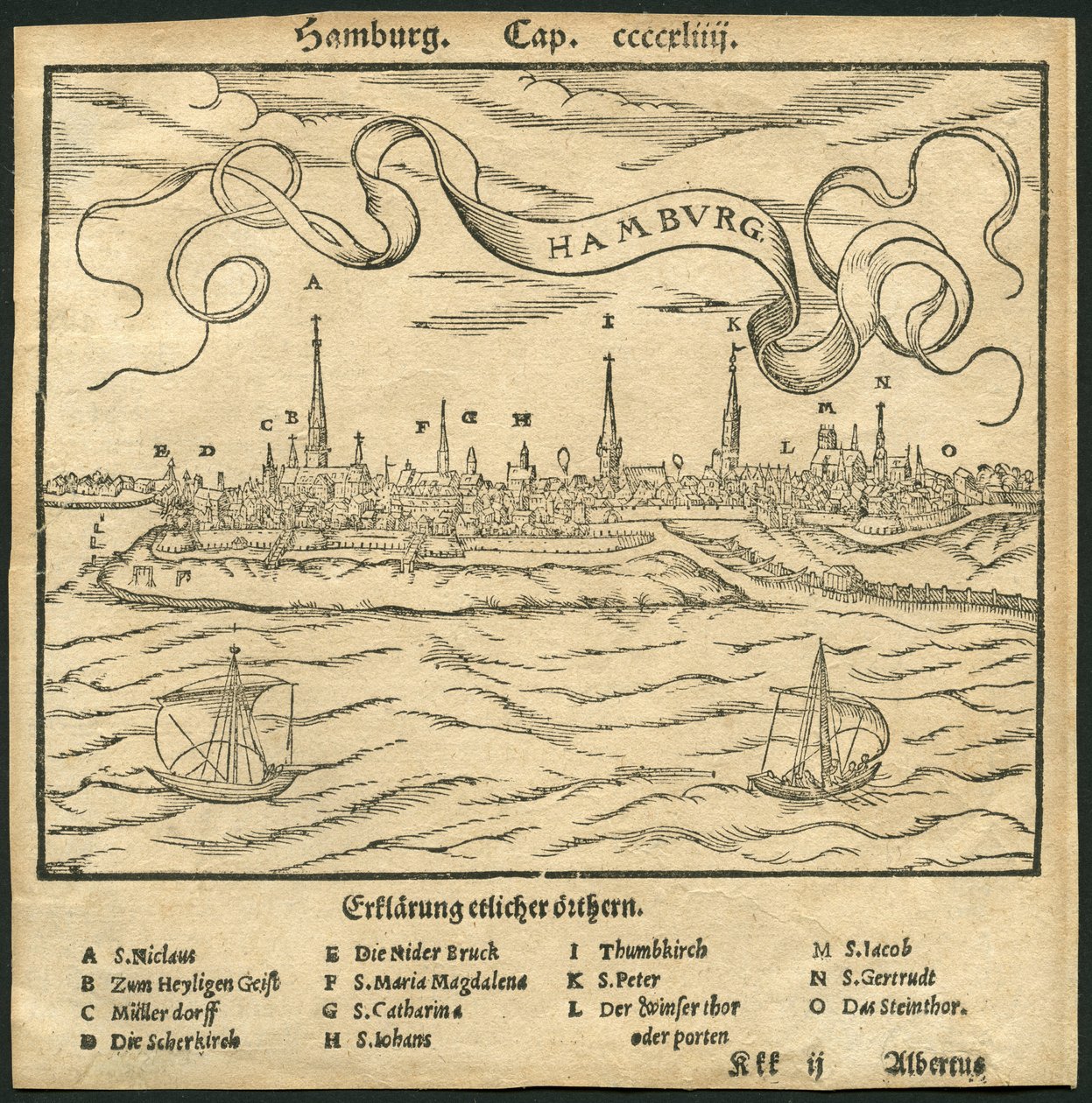 Německo, Hamburk, pohled na město, v popředí řeka Labe, ilustrace z Cosmographie Sebastiana Muenstera (Münster), kolem roku 1570 (rytina) od Unbekannter Künstler