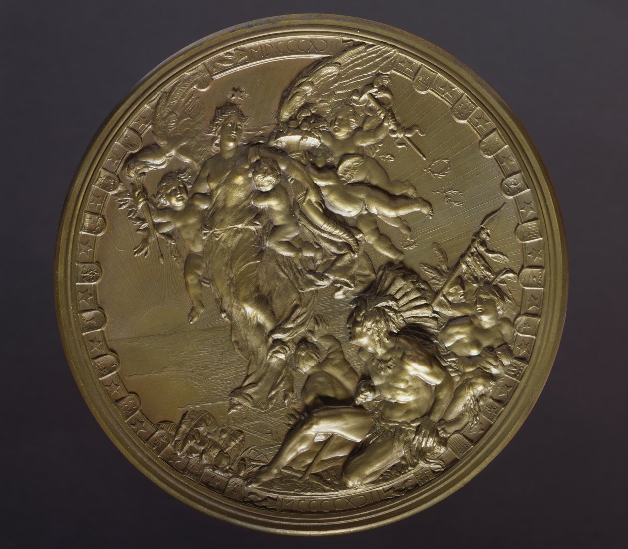 Zlacená bronzová medaile k 400. výročí objevení Ameriky (1492-1892) od Benjamin Baud
