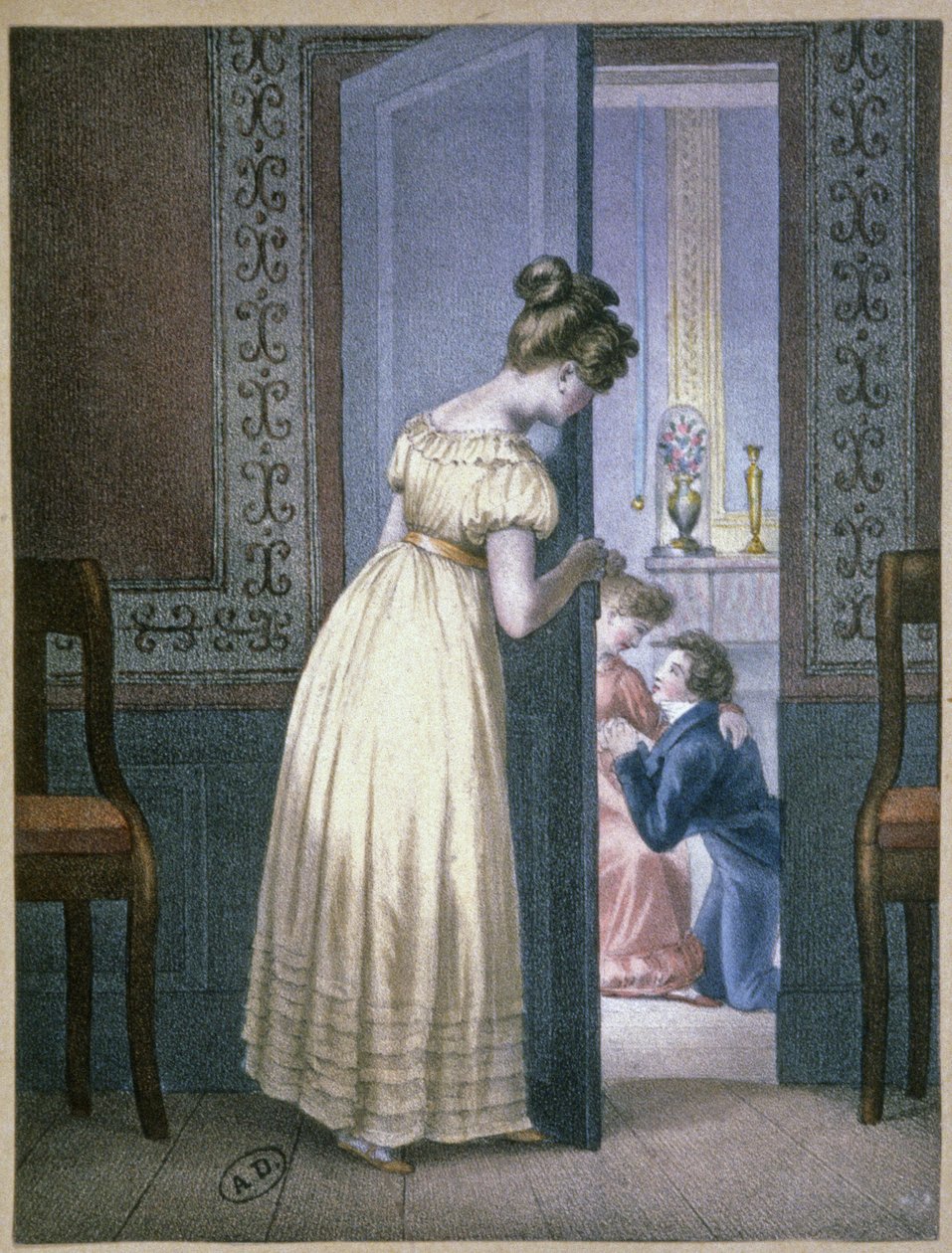 Dívka naslouchající soukromému rozhovoru dvou milenců, asi 1820 (rytina) od Unbekannter Künstler