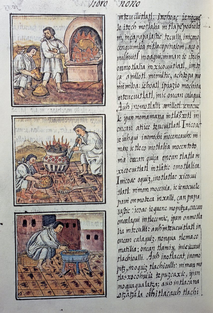 Zlatá produkce Španělů, stránka z Florentského kodexu, dvojjazyčná verze ve španělštině a nahuatlu, Obecná historie věcí Nového Španělska, španělský misionář Fray Bernardino de Sahagun. Aztécká civilizace od William M. Timlin