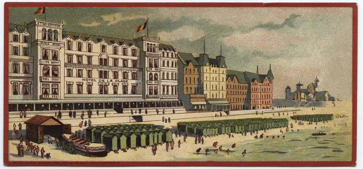 Grand hotels: vnější pohled na Hotel de la Plage v Ostende, Belgie - Mapa série představující hotely „Compagnie Internationale des Grands Hotels“, konec 19.-začátek 20. století od William M. Timlin