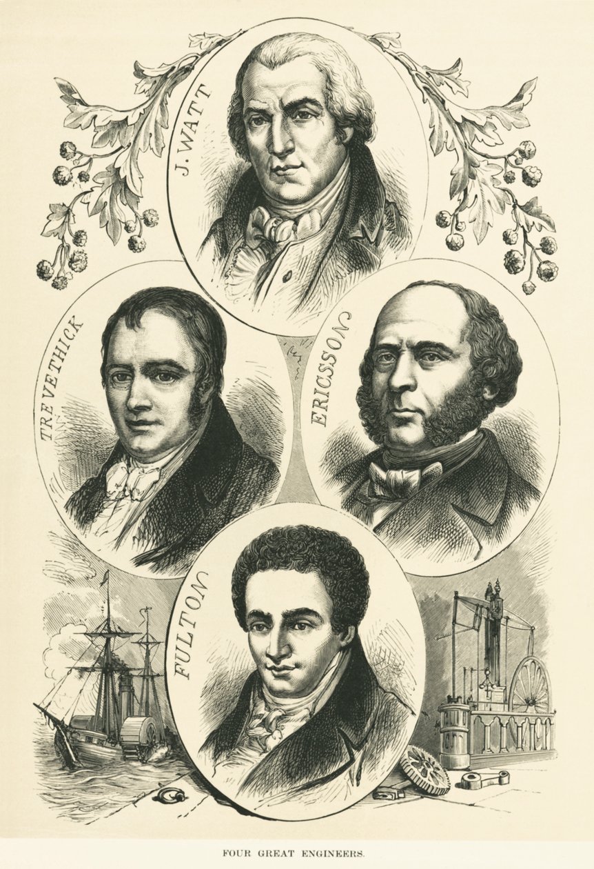 Skvělí inženýři a vynálezci: James Watt, John Ericsson, Robert Fulton, Richard Trevithick, , cca 1880 (č/b foto) od Unbekannt