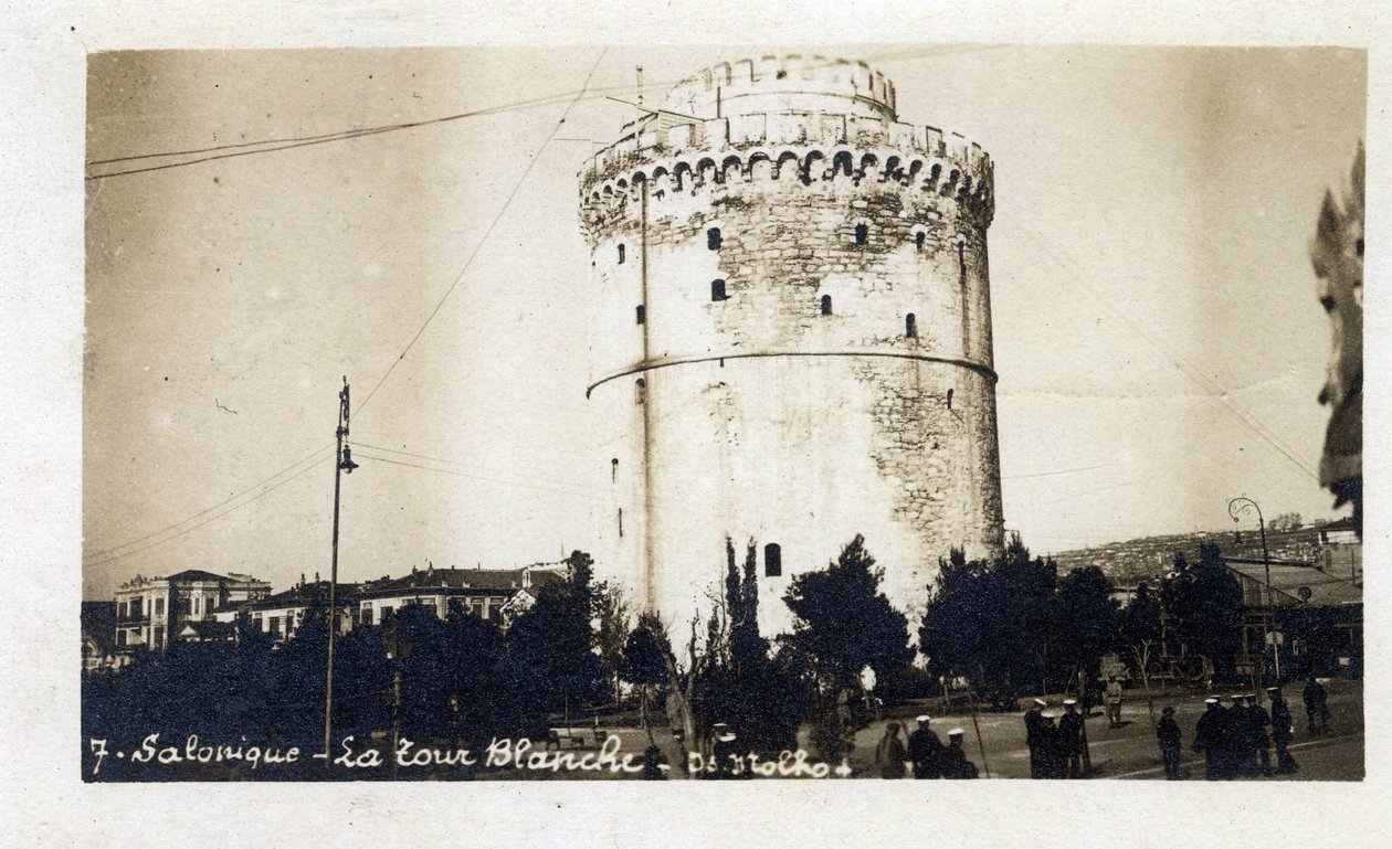 Řecko, Saloniki (nebo Thessaloniki): pohled na Bílou věž - Pohlednice 1914-1918 od William M. Timlin
