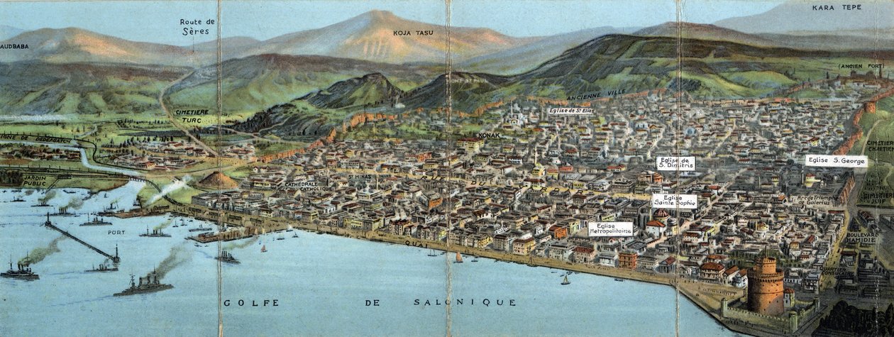 Řecko, Saloniki (nebo Thessaloniki): pohled na město a záliv - pohlednice 1914-1918 od William M. Timlin