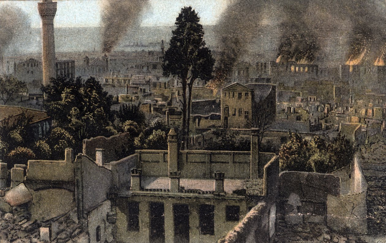 Řecko, Saloniki (nebo Thessaloniki): pohled na horní město částečně spálené, pravděpodobně při požáru v roce 1917 - Pohlednice 1914-1918 od Unbekannter Künstler