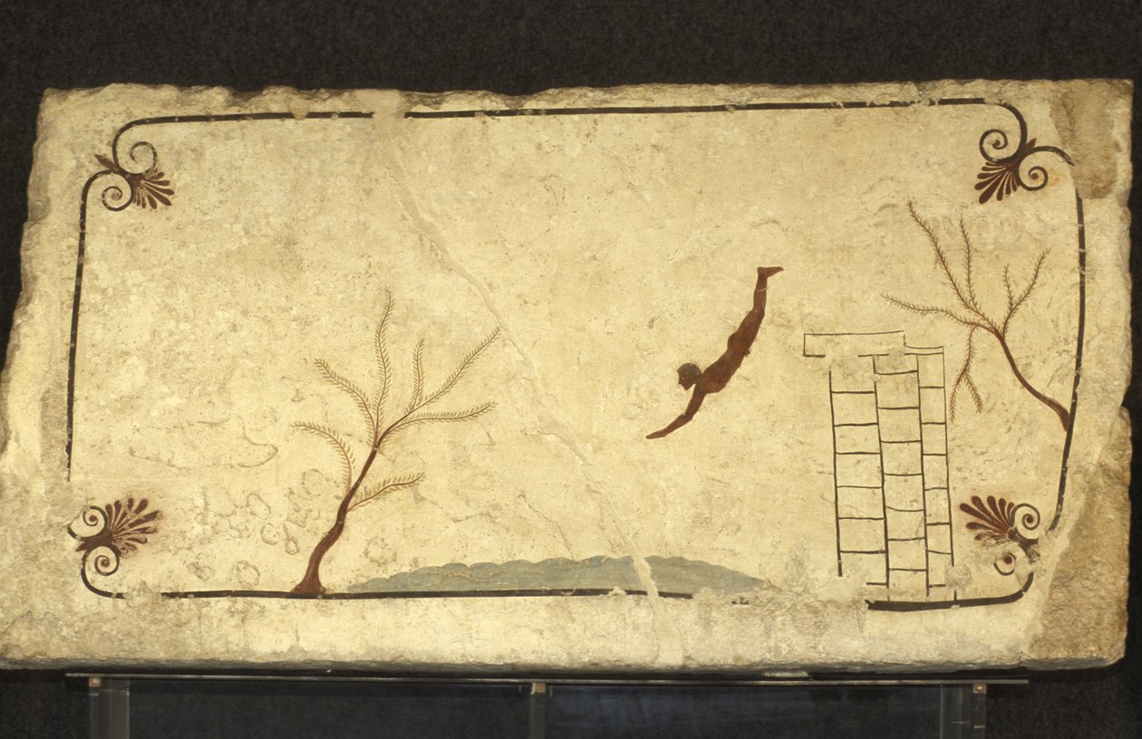 Řecké umění: Freska z hrobky potápěče, Paestum, region Campagnie, Itálie. Tomba del Tuffatore, nástěnná malba, archeologický park Paestum, Kampánie, Itálie. od Unbekannter Künstler
