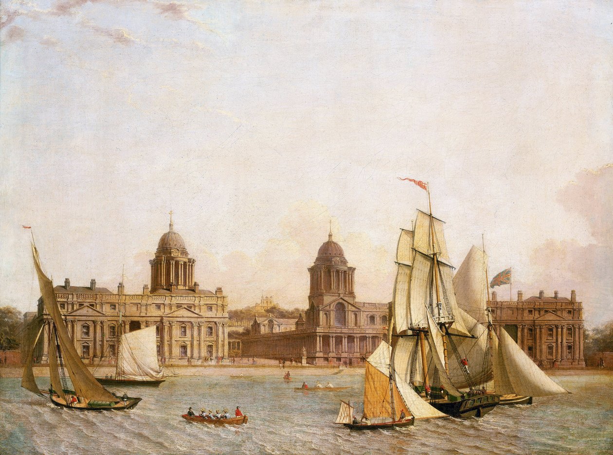 Greenwichská nemocnice (Anglie), z ostrova Isle of Dogs (severní břeh Temže), s plavbou různých lodí po řece. Olej na plátně, asi 1830-1840 od Unbekannter Künstler