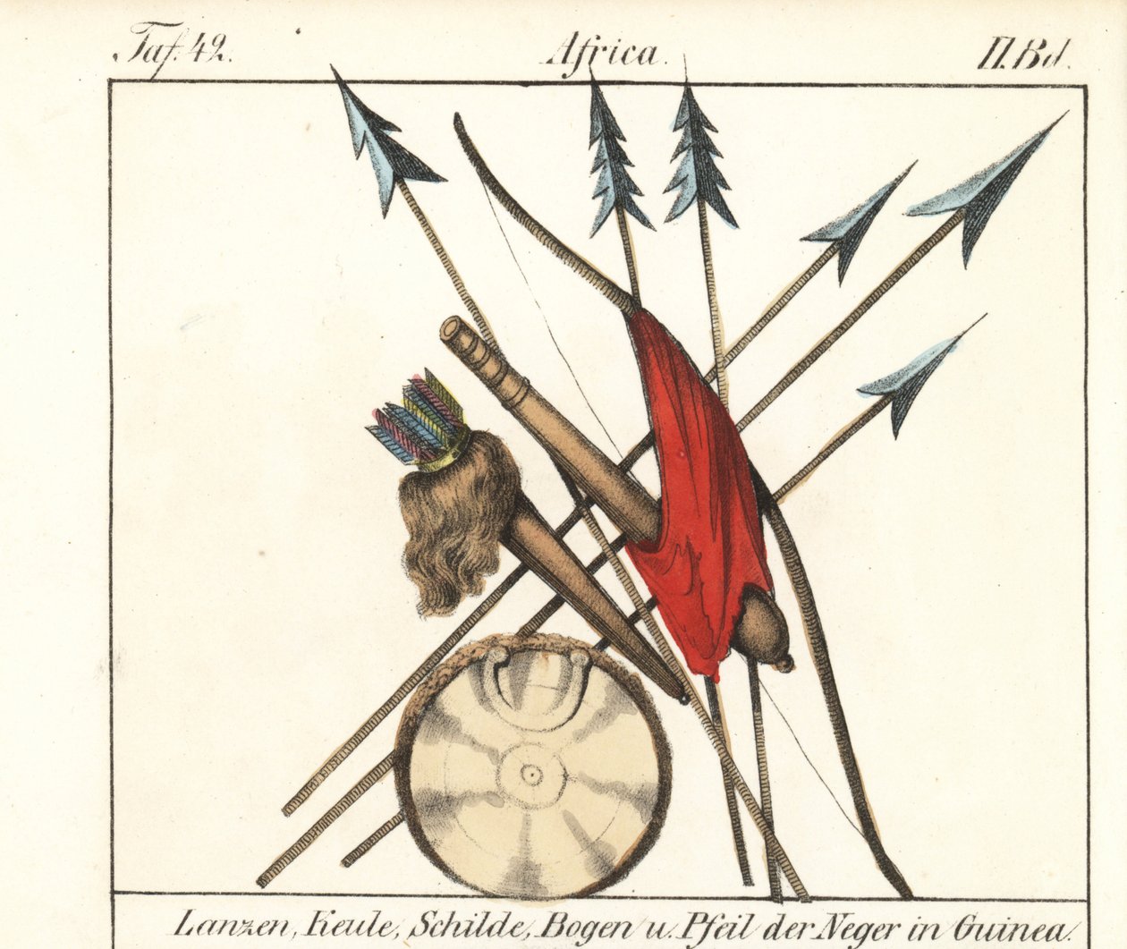 Guinee Conakry zbraně, oštěpy, hole, luk a šípy v jejich toulci, štít. Litografie pro knihu: "Friedrich Wilhelm Goedsche (1785-1863), vydání Míšeň (Německo). od Unbekannter Künstler
