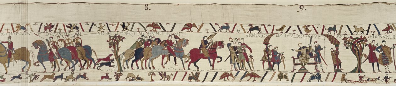 Guy of Ponthieu vezme Harolda jako vězně do hradu Beaurain, Bayeux Tapestry (vlněná výšivka na plátně) od Unbekannt