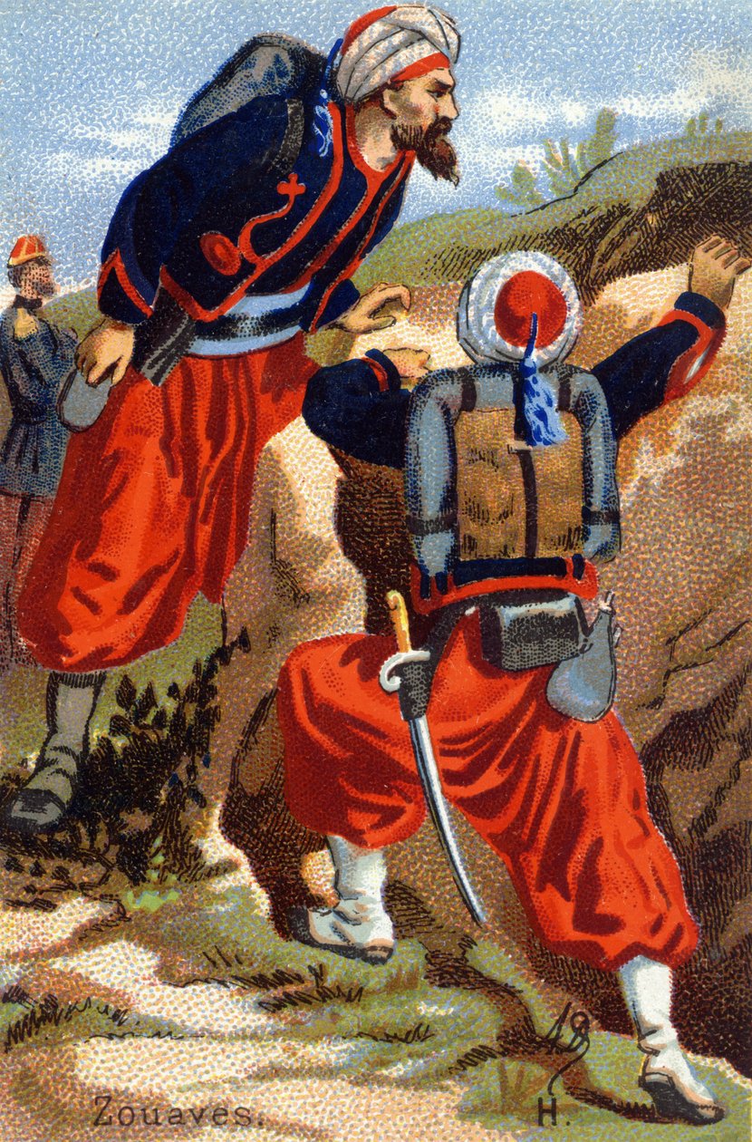 H: Zouaves. Rytina ve "vojenské abecedě" . Iniciály ilustrátora: A. D. Neznámý vydavatel. Chromolitografie konce 19. století. Rozměr: 10,5 x 7 cm. od Unbekannt