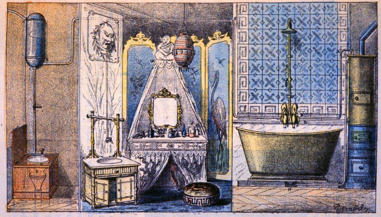Správa obydlí : záchod, koupelna a vana, asi 1870 (rytina) od Unbekannter Künstler