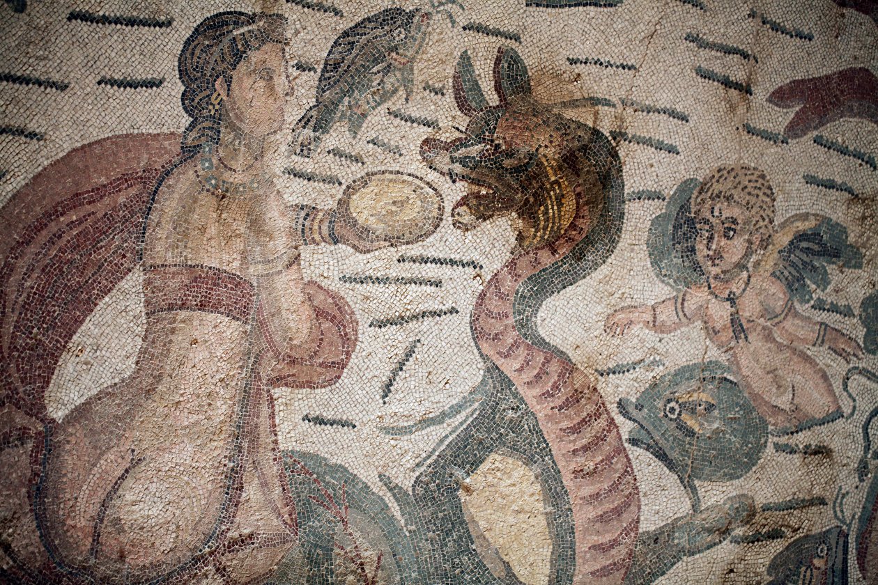 Síň Arionu. Námořní scéna. Mořští tvorové. Nereides a tritoni. 3. - 4. století. Římská vila Casale, Sicílie. památka UNESCO. od William M. Timlin