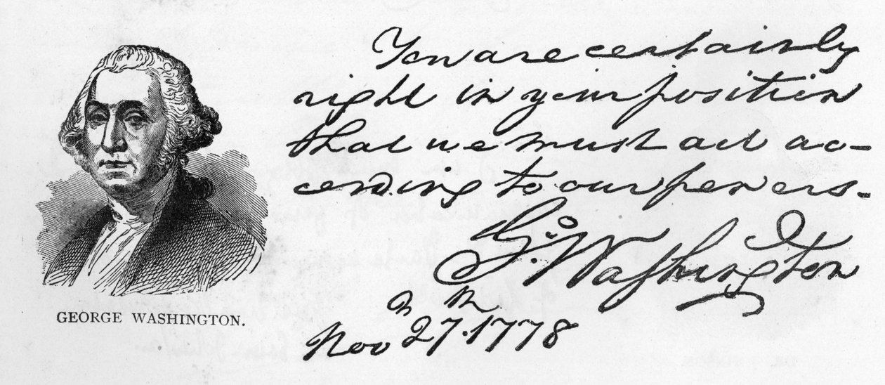 Rukopis a podpis George Washingtona z dopisu týkajícího se plánů Washingtonu pro armádu v zimě, napsaného ve Fredericksburgu Gouverneuru Morrisovi, 27. listopadu od Unbekannt