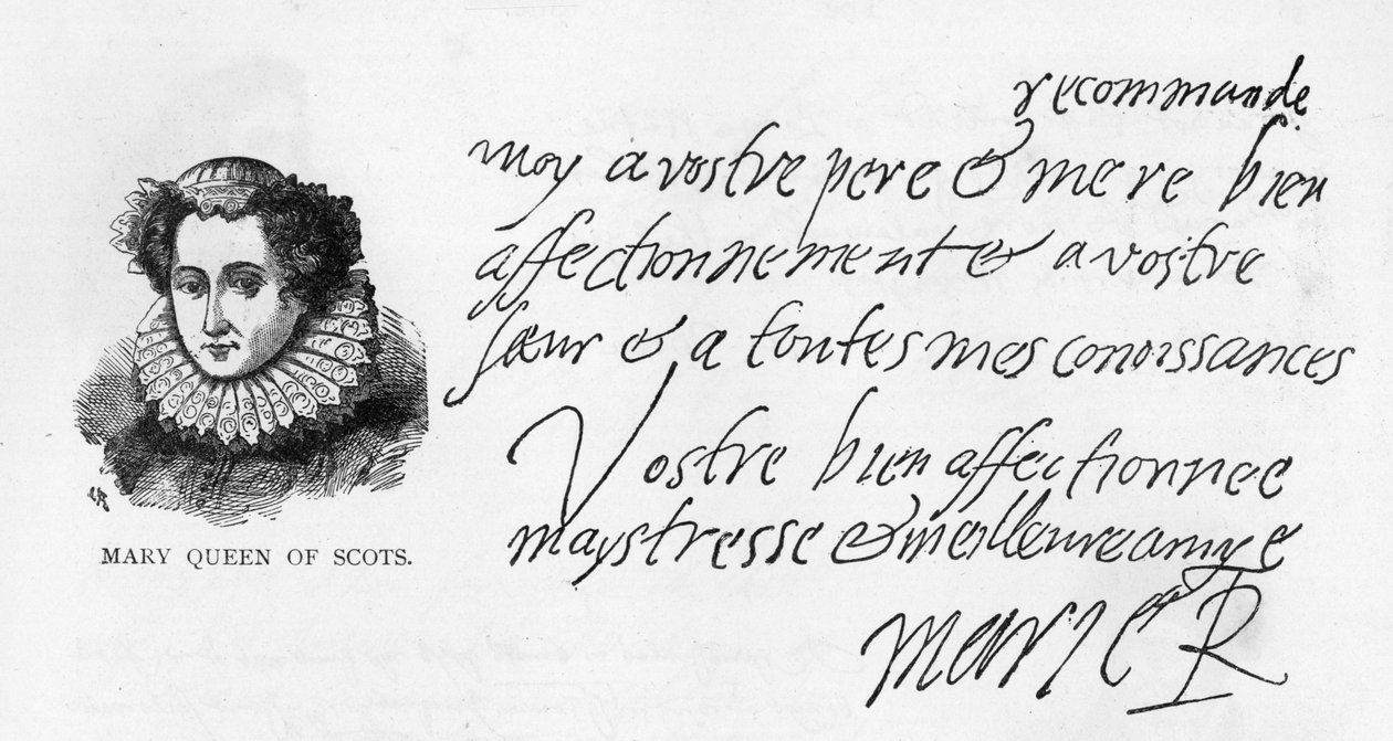 Rukopis a podpis Mary Queen of Scots z dopisu napsaného ve vězení v Sheffieldu své kmotřence Elizabeth Pierrepoint od Unbekannt