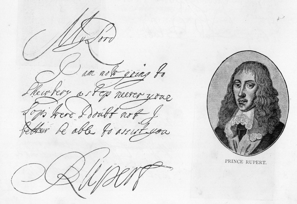 Rukopis a podpis prince Ruperta Rýnského (pero a inkoust na papíře) od Unbekannt