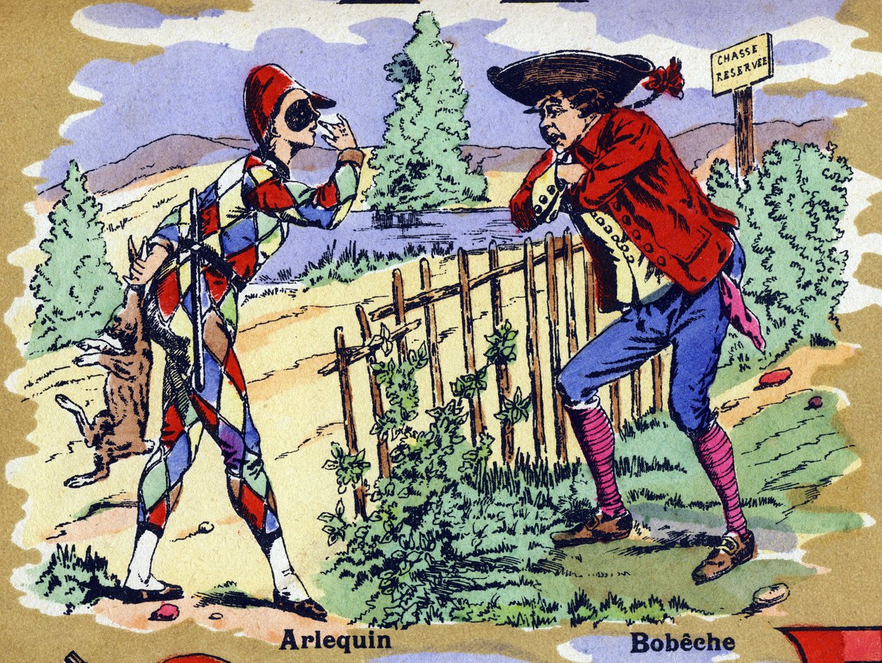 Harlekýn a Bobeche . Ilustrovaná abeceda. Snímky se znovu spojily v Jarville-Nancy na začátku 20. století. Rozměr: 40 x 29 cm. Litografie na bistre pozadí od William M. Timlin