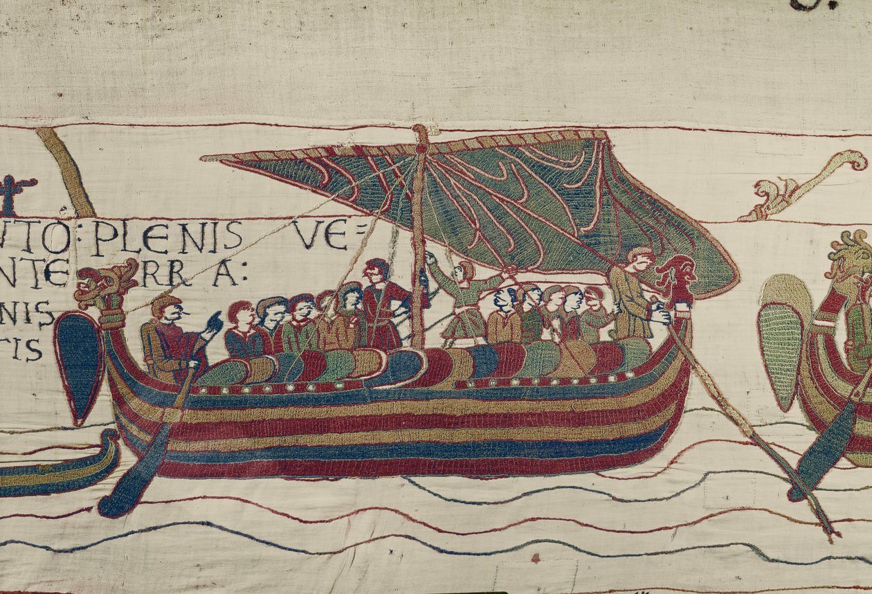 Haroldovy lodě jsou odfouknuty na území hraběte Guye z Ponthieu, Bayeux Tapestry (vlněná výšivka na plátně) od Unbekannt