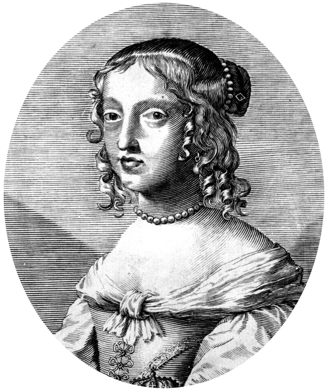Henrietta Anne anglická princezna a vévodkyně orleánská, dcera krále Karla I., manželka Filipa Orleánského (bratra francouzského krále Ludvíka XIV.), rytina od Unbekannter Künstler