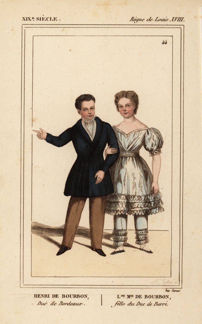 Jindřich, hrabě ze Chambordu, vévoda z Bordeaux 1820-1883 a Louisa Marie Terezie z Artois, dcera vévody z Berry 1819-1870. Ručně kolorovaná litografie Madame Calon z knihy Le Bibliophile Jacob alias Paul Lacroix
