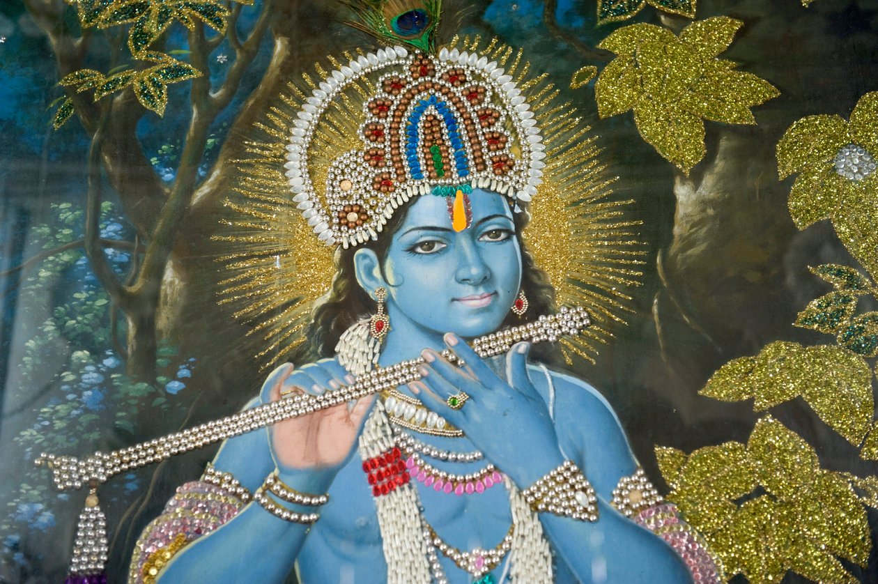 Hinduismus; obraz Pána Krišny s flétnou; chrám Durgiana Mandir Višnu; Amritsar; Paňdžáb; Indie; Jížní Asie; Asie od Unbekannt