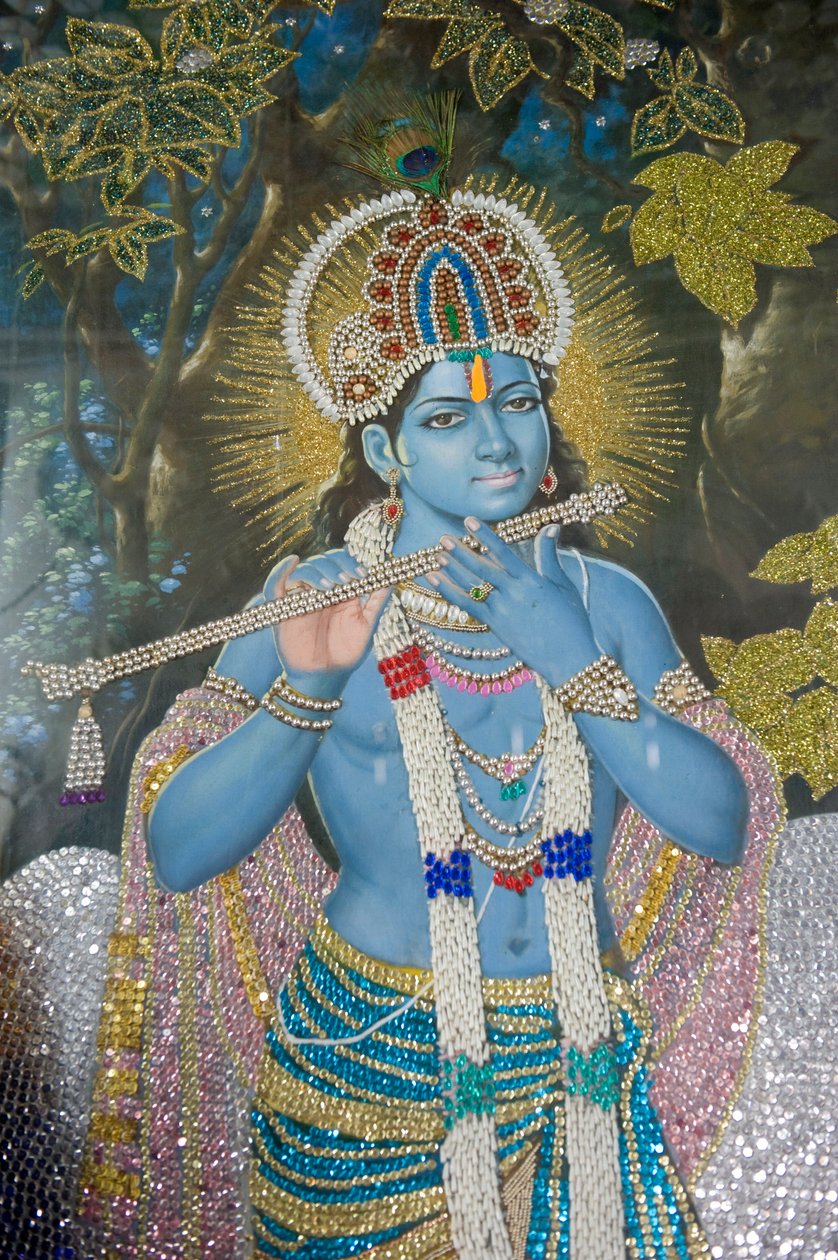 Hinduismus; obraz Pána Krišny s flétnou; chrám Durgiana Mandir Višnu; Amritsar; Paňdžáb; Indie; Jížní Asie; Asie od Unbekannt