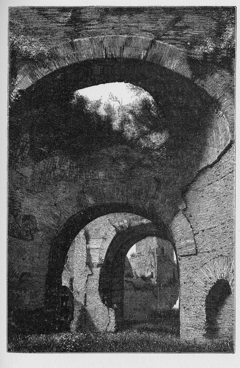 Dějiny starověkého Říma. Baths of Caracalla v Římě, Itálie, byly druhé největší římské veřejné lázně nebo thermae, postavené v Římě mezi lety 212 a 216, za vlády císaře Caracally. od Unbekannt