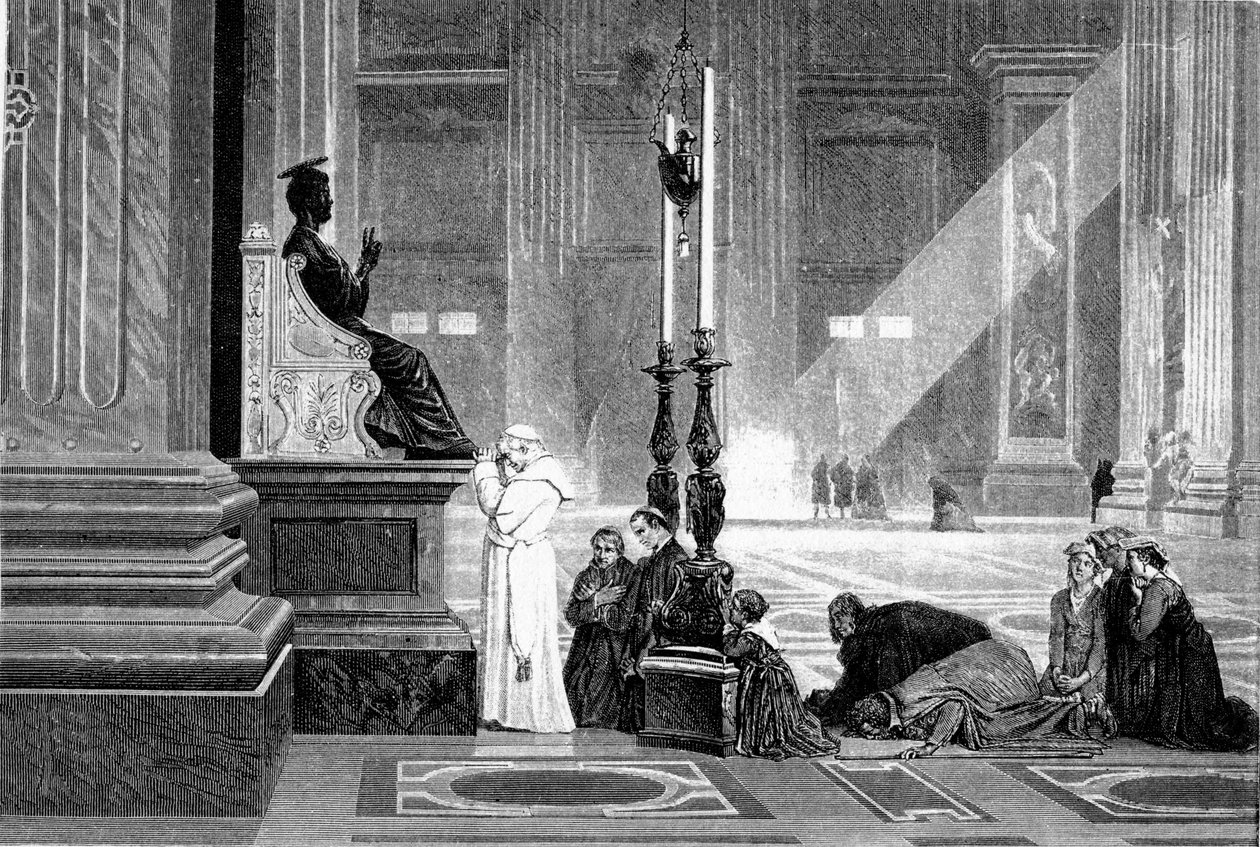 Dějiny starověkého Říma. Papež Pius IX. v modlitbě před sochou svatého Petra ve vatikánské bazilice Rytina G. Laplant 1867 od Unbekannt