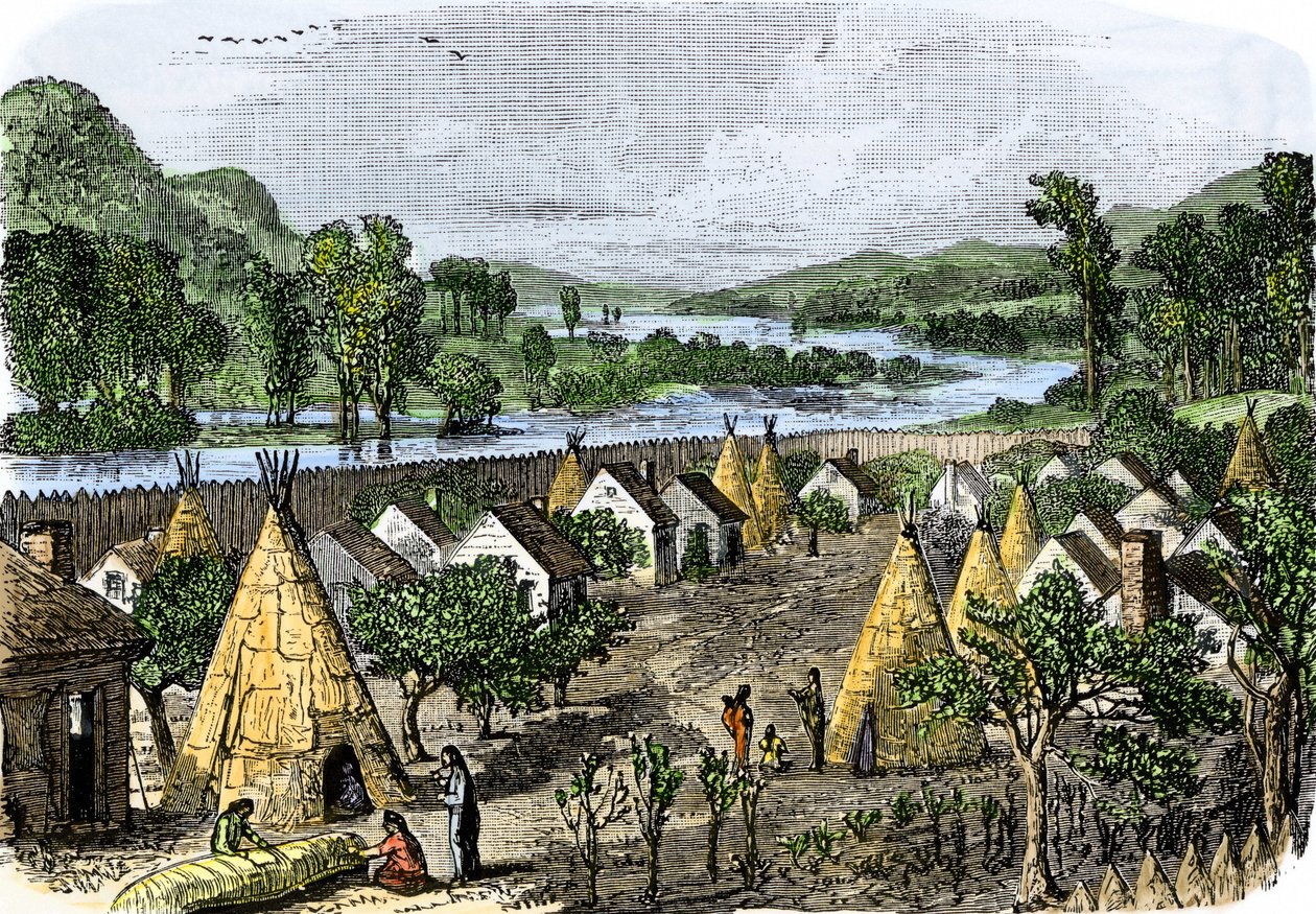 Dějiny původních obyvatel: Mohawk Village, New York, kolem roku 1780. Barevná rytina z 19. století. od Unbekannter Künstler