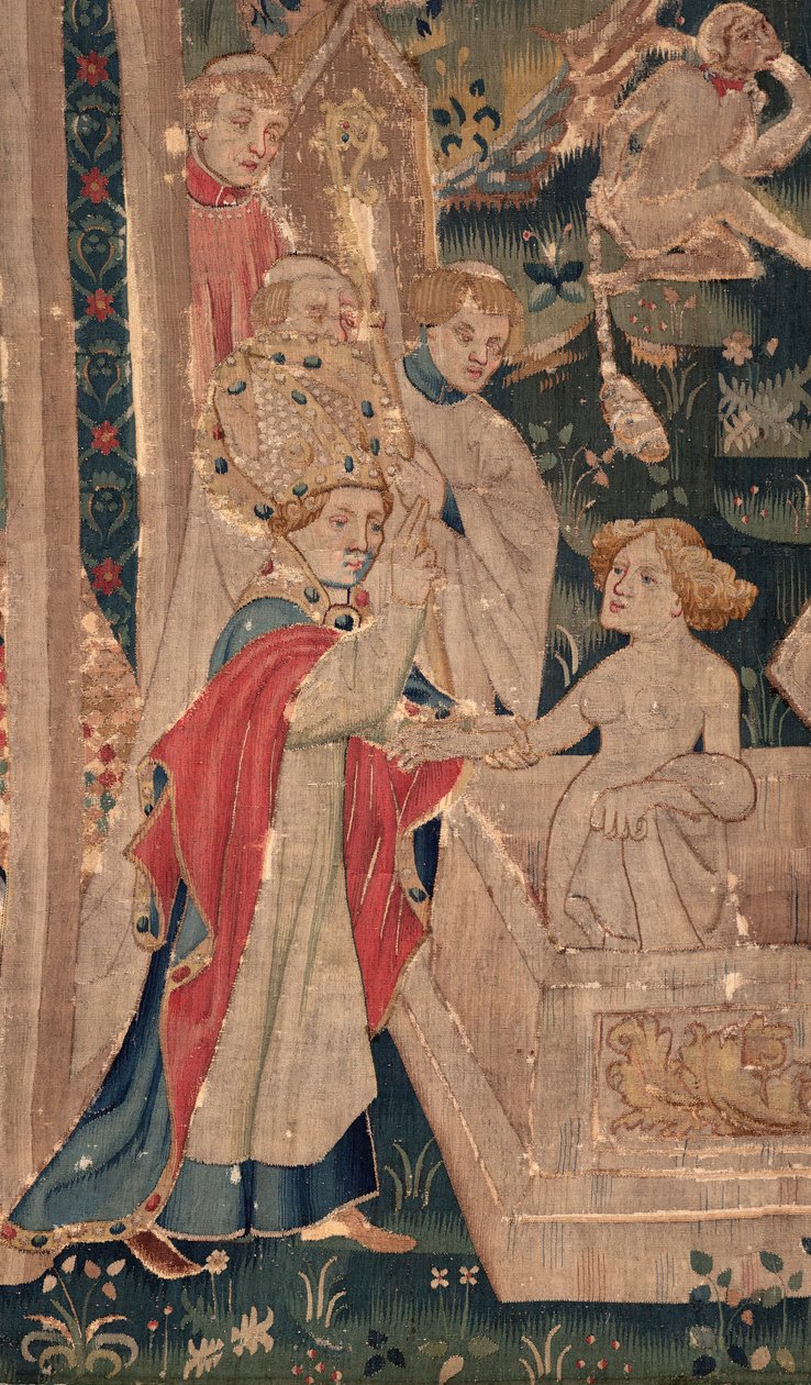 Historie Saint Piat a Saint Eleuthère, nazývaná také gobelín z Arrasu. Objednáno u kanovníka Toussainta Priera, kaplana burgundského vévody, konec 14. - začátek 15. století. Rozměry 22 x 2 m. Detail (tapiserie) od Unbekannter Künstler