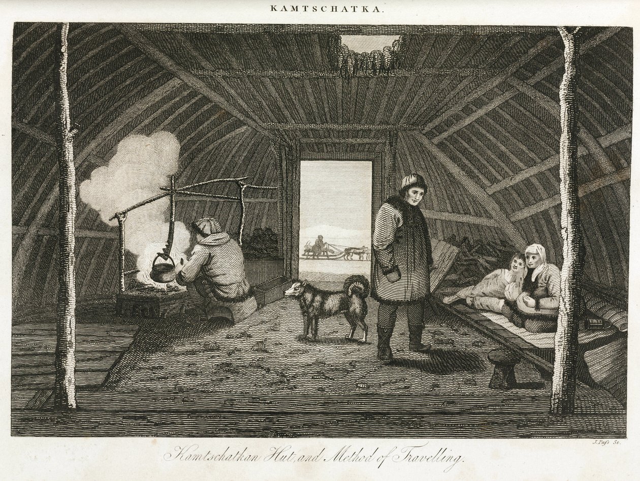 Kamčatská chata (extrémní východní poloostrov Ruska) a transportní saně, cca 1810 od Unbekannt