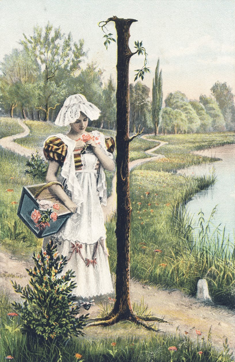 I: Stojící žena v šatech, zástěře a pokrývce hlavy drží košík na pravé paži. Venkovský dekor - abecední znaky Ref Th. E., L. Theochrom - Serie 994. Theodor Eisman, vydavatel, Lipsko od Unbekannt