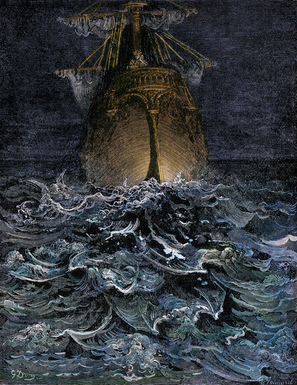Pozoroval jsem moře v rozkladu, trup lodi na nočním moři - Ilustrace Gustava Doreho (1832-1883) k "La Lournte du vieux sailor" od Samuela Taylora Coleridge (1772-1834) - kolorovaná rytina od Unbekannter Künstler