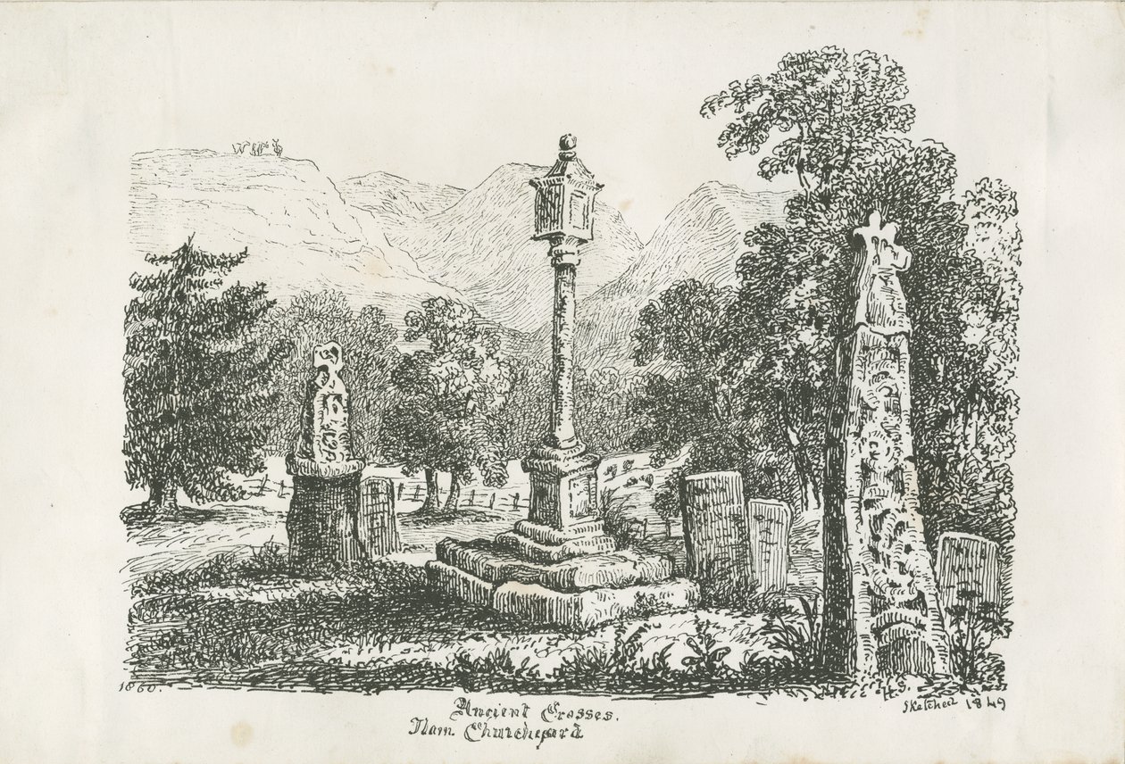 Ilam Church - Ancient Crosses: litografie, 1849 od Unbekannt