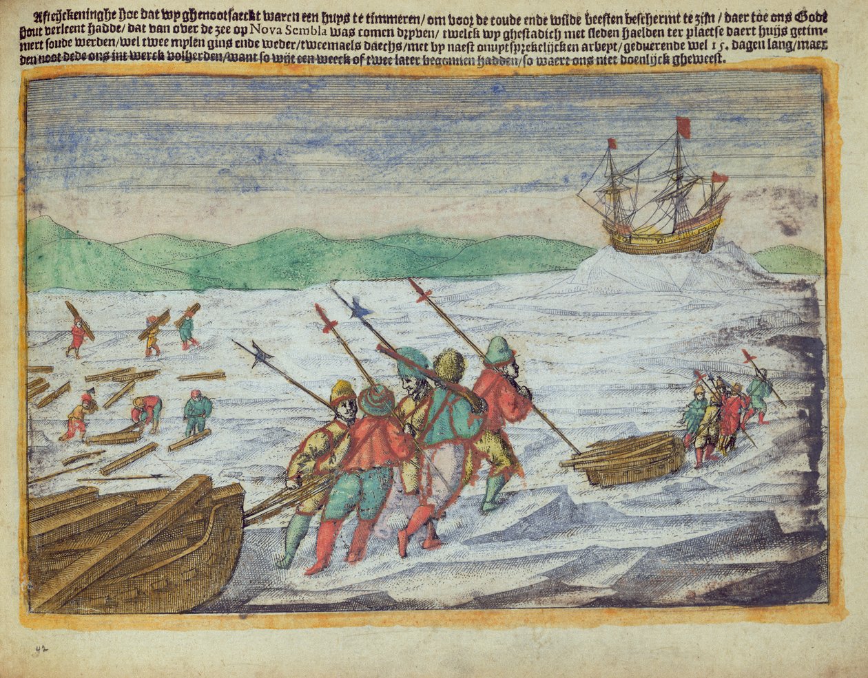 Ilustrace převzatá z vyhledávání Willema Barentse k nalezení severního průchodu Novaya Zembya, Arktida od Unbekannter Künstler