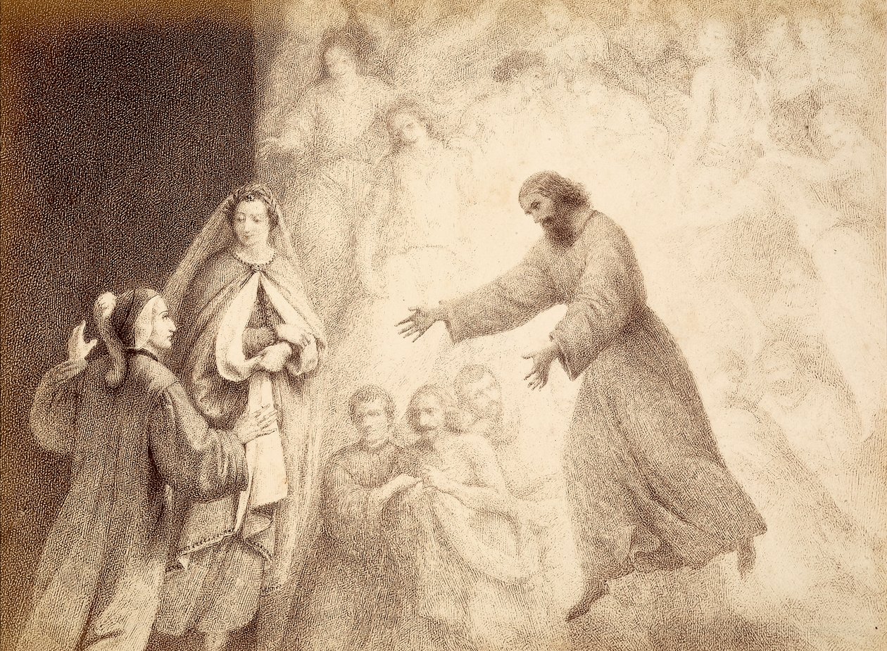 Ve Sféře Marsu se Dante setkává s duchem svého předka Cacciaguidy. Ilustrace k XV. kántu Paradisa Božské komedie Danta Alighieriho. Dílo Francesa Scaramuzzy věnované florentskému magistrátu. od Unbekannter Künstler