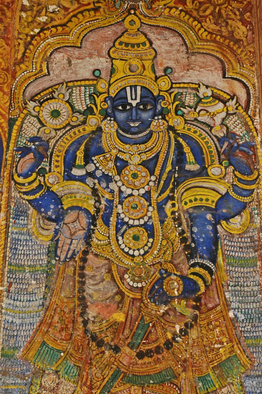Indie, Tamil Nadu, Srirangam, Sri Ranganathaswamy hinduistický chrám (původní 10. století), nástěnná malba Višnua. od Unbekannt