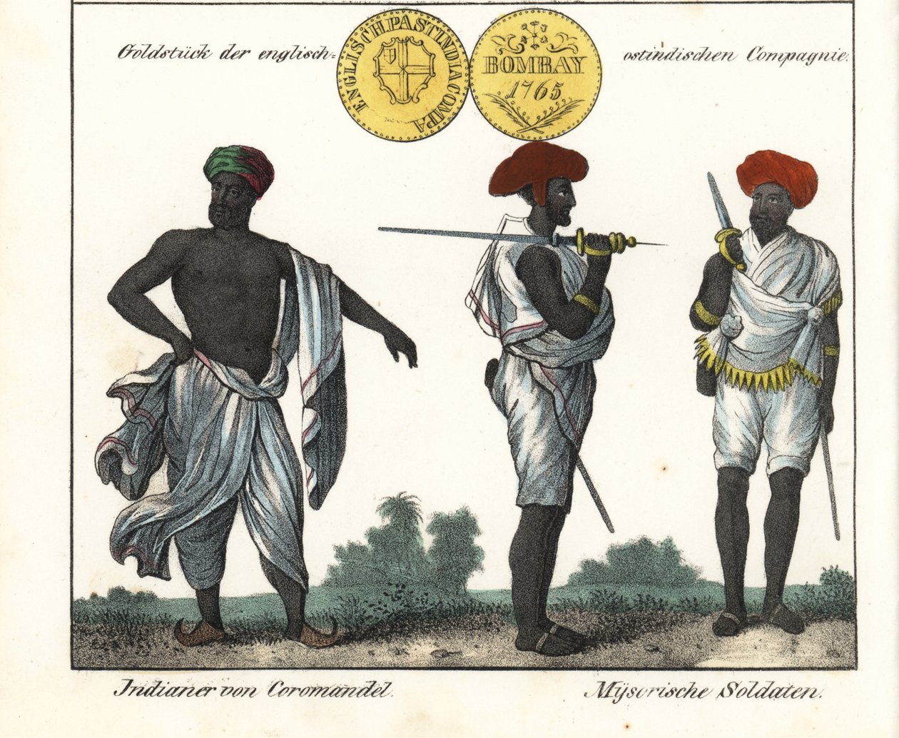 Indické kostýmy: muž z pobřeží Coromandelu a dva vojáci z Mysore (nebo Maissour). Se zlatou mincí Východoindické společnosti. Litografie pro knihu: "Galerie complete en tableaux fideles des peuples d