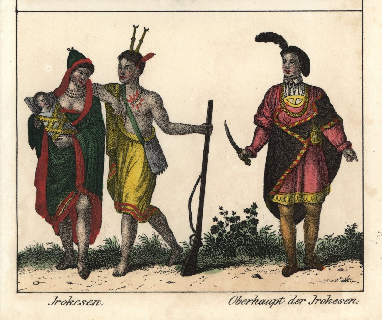 Irokézští indiáni, pár s dítětem, muž se zbraní má potetované tělo a vůdce kmene. Litografie pro knihu: "Friedrich Wilhelm Goedsche (1785-1863), edice Meissen. od Unbekannter Künstler