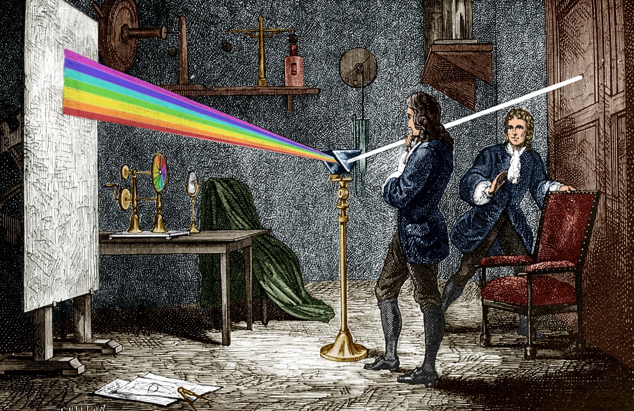 Isaac Newton hajottaa valoa lasiprismalla od Unbekannter Künstler
