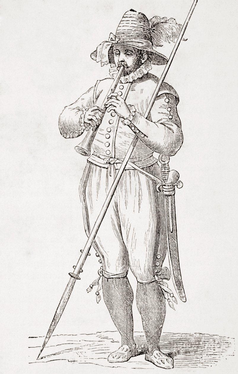 Italský rolník hrající na dulzainu, po díle Cesare Vecellia ze 16. století, z „El Mundo Ilustrado“, vydáno Barcelona od Unbekannt