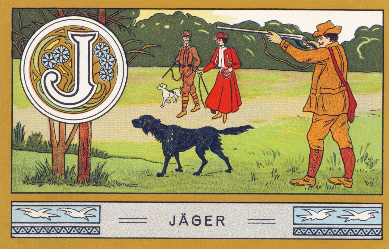 J: Lovec - Alphabet Palmine. Řada chromolitografií vydaná H. Schlinck & Cie, Hamburg, s. d. . Reklama na nejlepší kokosový tuk Palmin. Rozměry: 7 x 11 cm od Unbekannter Künstler
