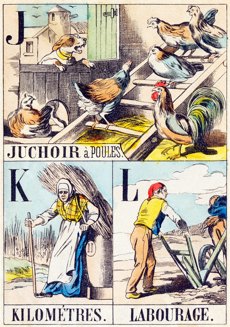 J K L : Juchoir a poules, Kilometres, Labourage - "Abeceda statku" konec 19. století (rytina) od Unbekannt