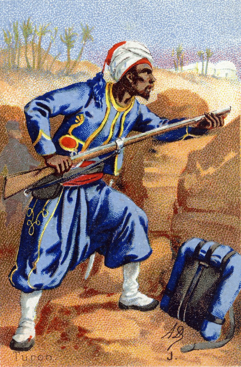J: Turco. Rytina ve "vojenské abecedě" . Iniciály ilustrátora: A. D. Neznámý vydavatel. Chromolitografie konce 19. století. Rozměr: 10,5 x 7 cm. od Unbekannt