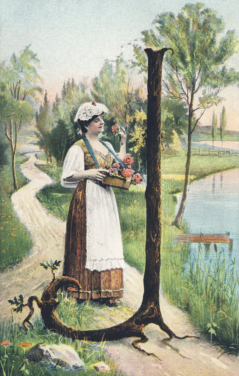 J: Stojící žena v dlouhé sukni, zástěře a živůtku nese košík květin. Venkovský dekor - abecední znaky Ref Th. E., L. Theochrom - Serie 994. Theodor Eisman, vydavatel, Lipsko od Unbekannt