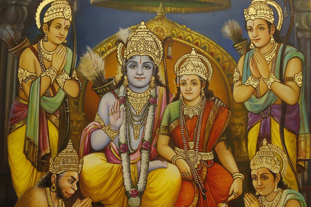 Hinduistický chrám modlitby Jalaraam, Leicester. Freska. Ram, Sita s Lakshmanem do Ram
