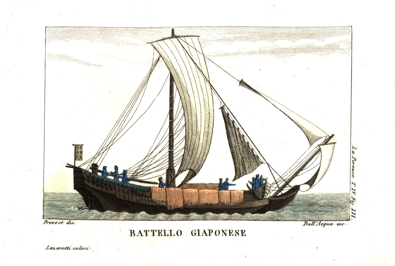 Japonská plachetnice. Ilustrace Jean Louis Prevost Z deníku Jeana Françoise de Galaup, hraběte z La Perouse (1741-1788). Mědirytina od dell