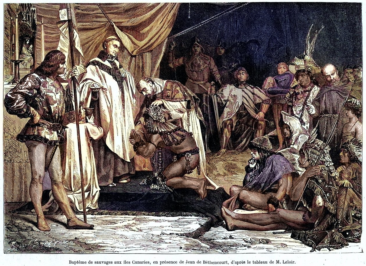 Jean de Bethencourt, normanský gentleman, baron de Saint Martin le Gaillard, dobyl a christianizoval Kanárské ostrovy v lednu 1405, z časopisu „Sur terre et sur mer““ č. 28, 8. ledna od Unbekannter Künstler