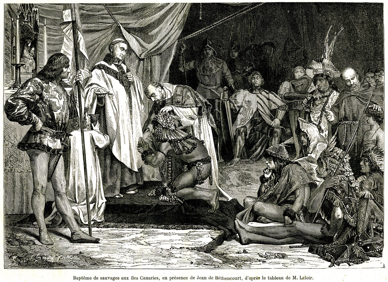Jean de Bethencourt, normanský gentleman, baron de Saint Martin le Gaillard, dobyl a christianizoval Kanárské ostrovy v lednu 1405, z časopisu „Sur terre et sur mer““ č. 28, 8. ledna od Unbekannter Künstler