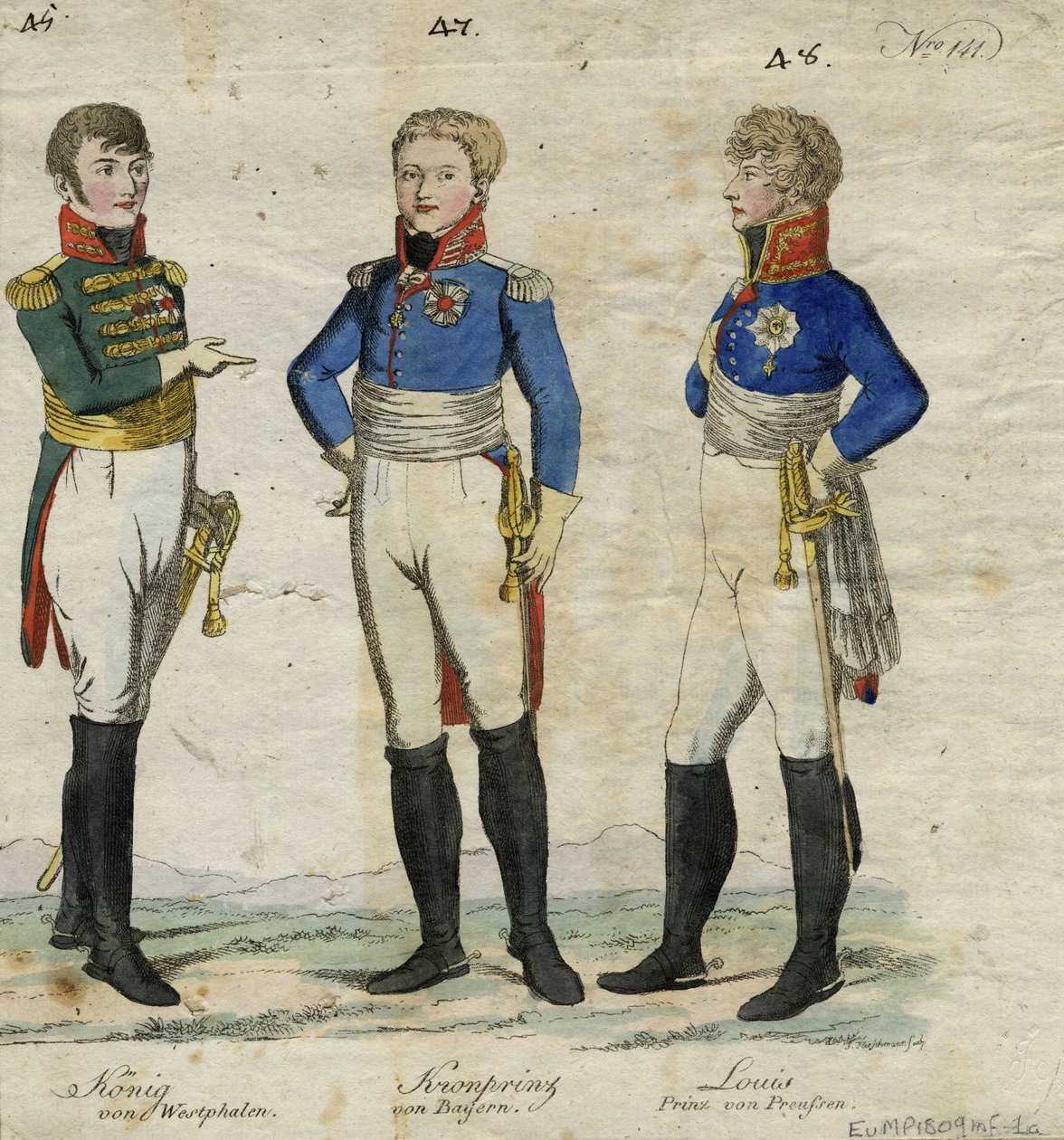 Jerome Bonaparte král vestfálský, princ Ludvík Ferdinand Pruský a Ludvík I. Bavorský od Unbekannt