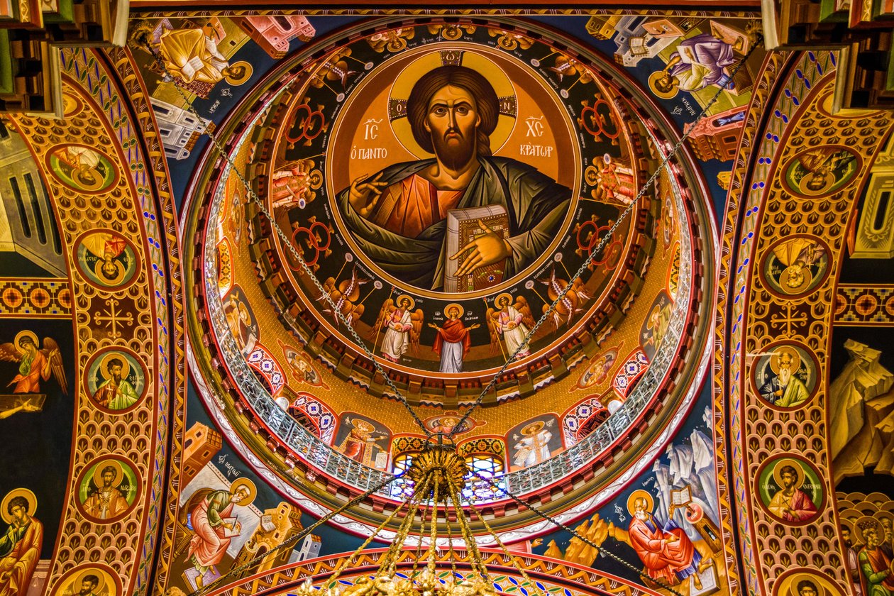 Ježíš jako Pantokrator, byzantská katedrála Minas s barevnými freskami, Heraklion (foto) od Unbekannter Künstler